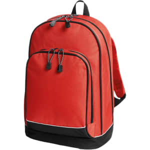 A red backpack with a black base and zippers, featuring a front pocket and adjustable straps. It has a logo on the side.