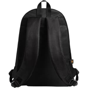 A black backpack featuring two adjustable straps and a simple design on the back. It has a logo on one side.
