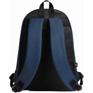 A navy and black backpack featuring padded shoulder straps and a logo.