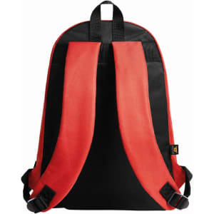 A red and black backpack with adjustable straps and a branded logo on the rear side.