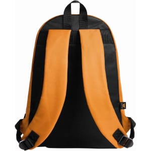 A black and orange daypack featuring padded shoulder straps and a logo on the back.