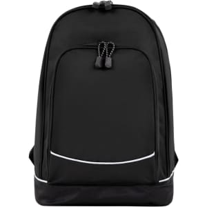 A black backpack with a sleek design and a drawstring closure, featuring a logo on the front.