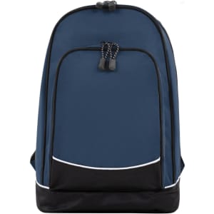 A blue and black backpack with a front pocket and a logo, featuring adjustable shoulder straps.