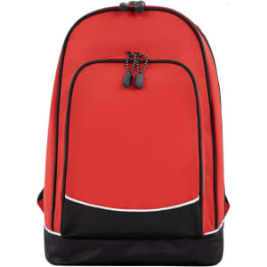 A red and black backpack with a zippered closure and adjustable straps. It features a logo on the front.