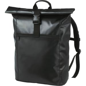 A black waterproof backpack featuring a roll-top design, adjustable straps, and a front zip pocket.