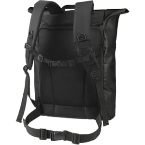 A black Kurier Economy Backpack with adjustable straps and a mesh back panel. Features a logo on the front.