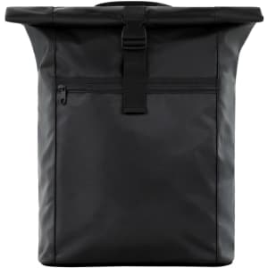 A black Kurier Economy Backpack with a roll-top design and a front zip pocket, featuring a logo.
