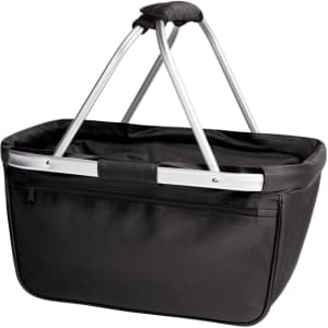 A black tote bag with a metallic frame and handles, featuring a zippered pocket on one side.
