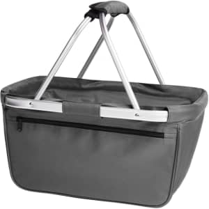 A grey tote bag with a sturdy handle and aluminum frame, featuring a zippered pocket on one side.