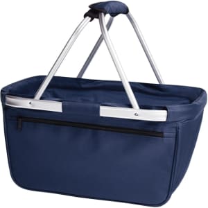 A navy blue tote bag with silver handles and a zippered pocket. It has a sturdy design and a simple branding element.