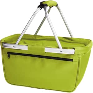 A green tote bag with a structured frame and two handles, featuring a zippered pocket on one side.