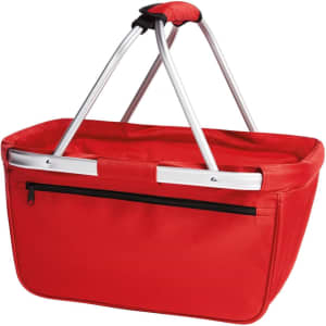 A red tote bag with a silver handle and a zip pocket on the side. It features a sturdy frame for support.