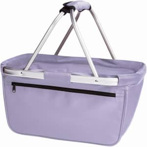 A purple tote bag with silver handles and a zippered pocket on one side. It features a sturdy frame.