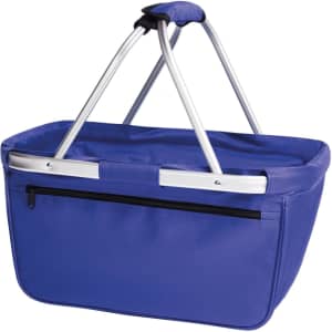 A blue tote bag with a metal frame and handles, featuring a zippered pocket on one side.