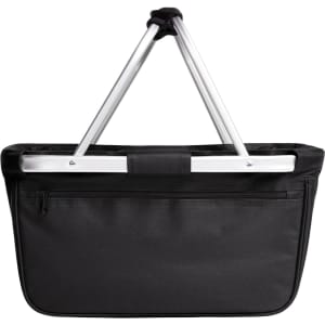 A black tote bag with silver handles and a zippered pocket on the side. It features a simple design and has a logo.