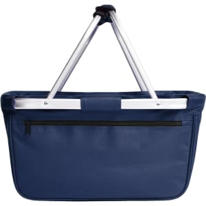 A navy blue tote bag with a zippered pocket and silver metal handles. It features a simple design and a branding logo.