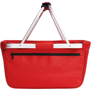 A red tote bag with a sturdy handle and a zippered pocket on the front, featuring a logo.