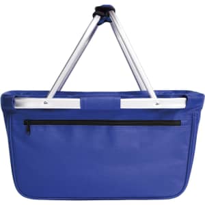 A blue tote bag with an aluminium frame and a zippered pocket on the back. It features a logo.