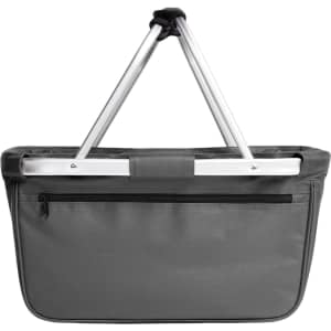 A grey tote bag with an aluminium frame and a zippered pocket on the back. It features a simple design and has a logo.