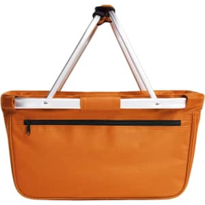 An orange basket shopper with a sturdy frame and a zippered pocket on the back.