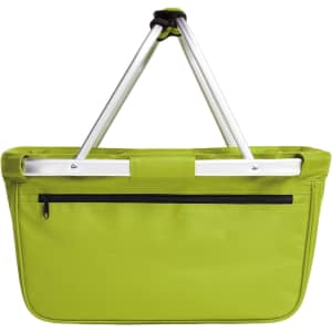 A green tote bag with a zippered pocket and sturdy handles for carrying. The bag features a lightweight frame.
