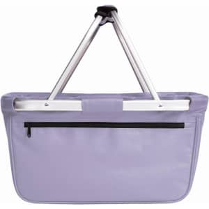 A purple tote bag with a zippered pocket and silver handles. It has a simple, elegant design.