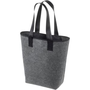 A grey reusable grocery bag with black handles and a simple design, featuring a logo on the side.