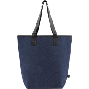A navy blue tote bag with black leather handles and a modest logo. The bag has a simple, clean design.
