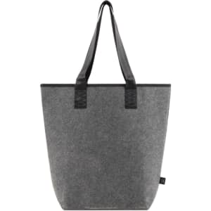A grey reusable grocery bag with black handles and a plain design. It features a logo at the bottom.
