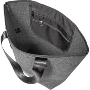 A grey reusable grocery bag with a sleek design and a contrasting black strap and interior pockets.