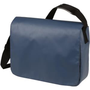 A navy blue shoulder bag with a black adjustable strap and a simple design. It features a logo in one corner.