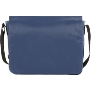 A blue shoulder bag with a black adjustable strap and a simple design, featuring a logo on the front.