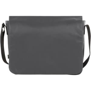 A grey satchel-style shoulder bag with a long adjustable strap and a simple, sleek design. It features a logo.
