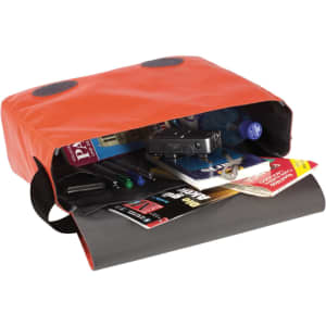 An orange shoulder bag with a grey base, containing various items like water bottles, pens, and papers.