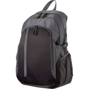A black and grey backpack featuring multiple compartments and side pockets. It has a logo on it.