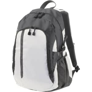 A grey and white backpack with multiple compartments and adjustable straps, featuring a logo on the front.