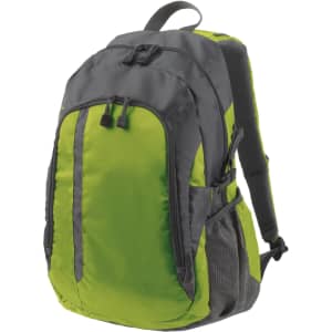 A green and grey backpack with multiple compartments and padded straps. It has a logo on the side.