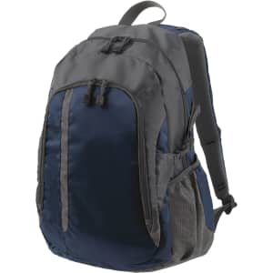 A navy and grey backpack with multiple pockets and adjustable straps. It features a logo on one side.