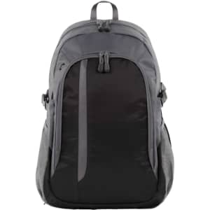 A grey backpack with a sleek design, featuring a logo and a mix of darker shades.