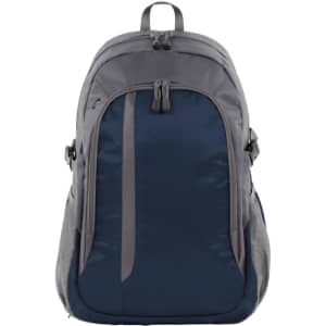 A navy and grey backpack with multiple compartments and a logo. It features padded straps and a sleek design.