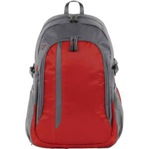 A red and grey backpack featuring multiple compartments and a side pocket. It has a logo on the front.