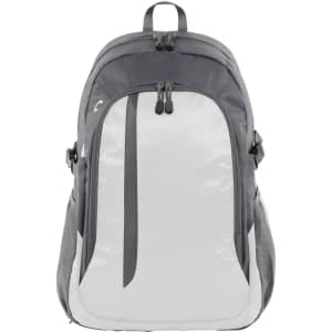 A grey and silver Galaxy Backpack with zippers and side pockets. Features a branding logo on the front.