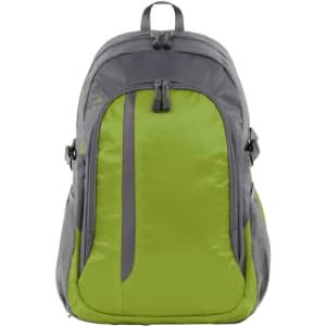A grey and green backpack featuring a sleek design and a logo on the front.