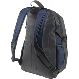 A grey and navy backpack with padded straps and a side mesh pocket. Features a logo on the front.
