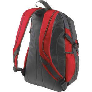 A grey and red backpack with padded straps and a textured side pocket, featuring a logo on the front.