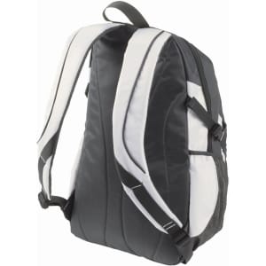 A galaxy-themed backpack in dark grey with white accents and adjustable straps; features a logo on the side.
