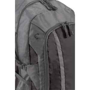 A grey and black backpack featuring zippers and a mesh side pocket, with a logo on the front.