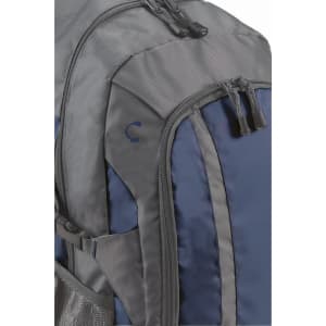 A grey and navy backpack with zippered compartments and a logo on the side. Features adjustable straps.