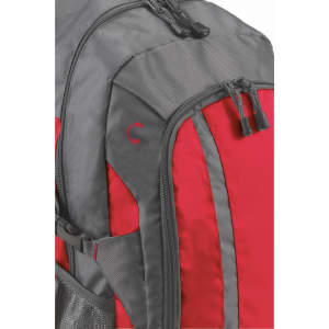 A grey and red Galaxy Backpack featuring zippers and a logo, designed for everyday use.