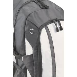 A grey and white backpack featuring zippers and a logo. The material appears durable with mesh detailing.